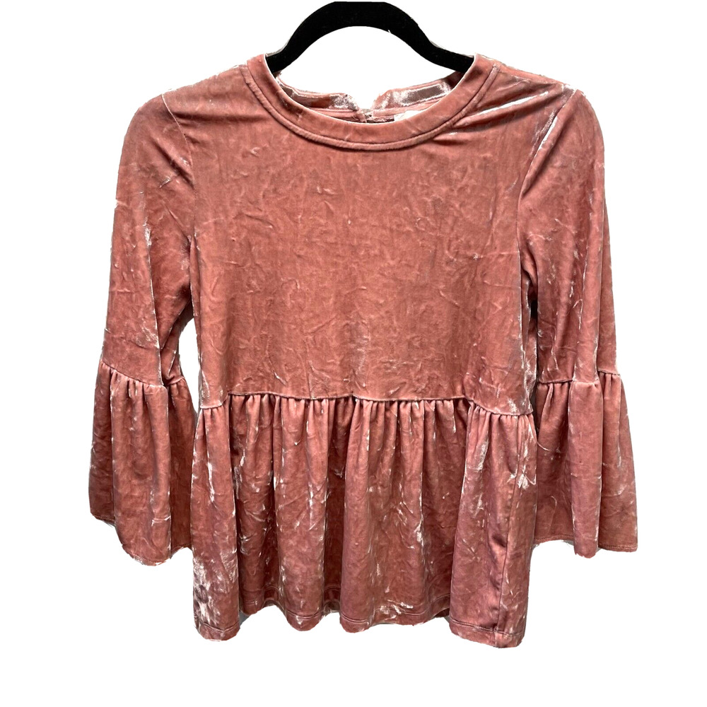 Cupio Crushed Velvet Womens Shirt S Dusty Rose Pink Bell Sleeves Boho Top